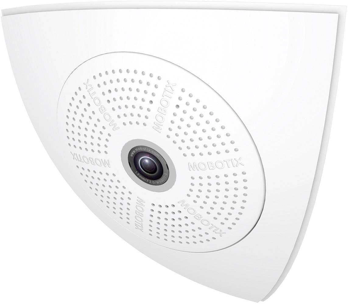 Kamera mit Fischaugenobjektiv, angebracht an Decke, geeignet für Überwachung. Marke: Mobotix.