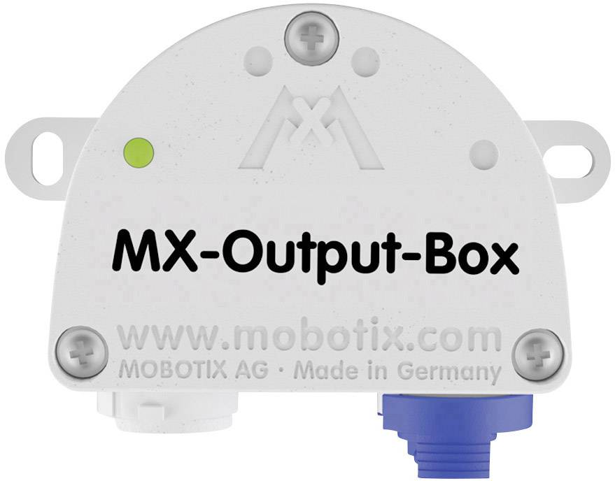 Weiße 'MX-Output-Box' mit grauem Logo und grüner LED-Anzeige; Hersteller MOBOTIX AG, 'Made in Germany'.