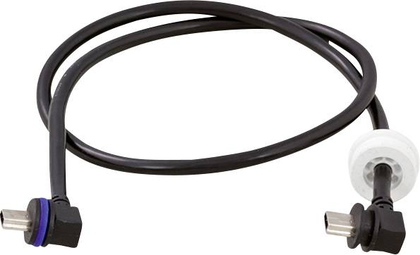 Schwarzes Kabel mit zwei gewinkelten Steckern, geeignet für elektronische Anschlüsse. Ein weißer Ring ist an einem Ende vorhanden.