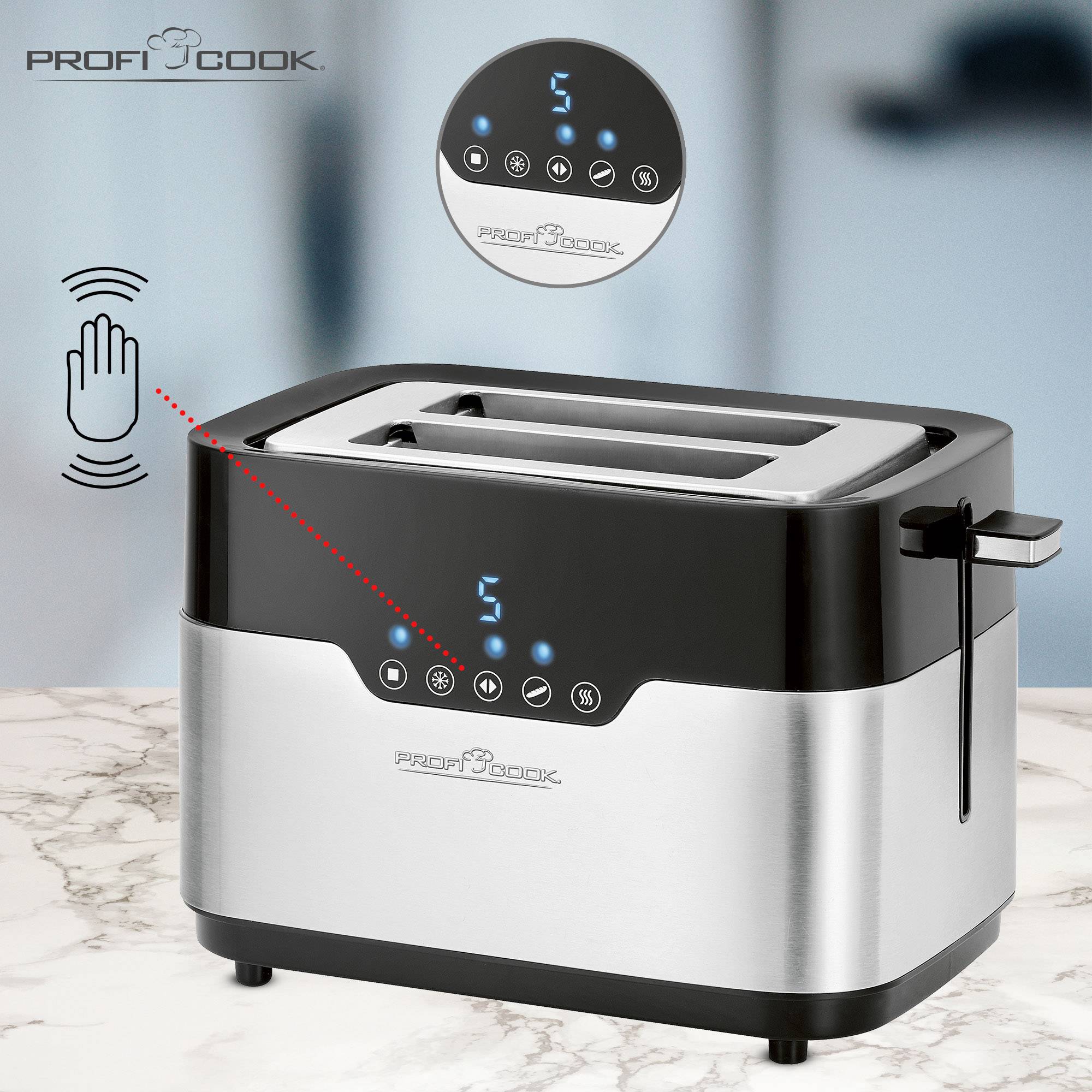Ein Edelstahl-Toaster mit Sensor-Touch-Bedienfeld, zwei Schlitzen und blauen LED-Anzeigen auf einer Küchenarbeitsplatte.