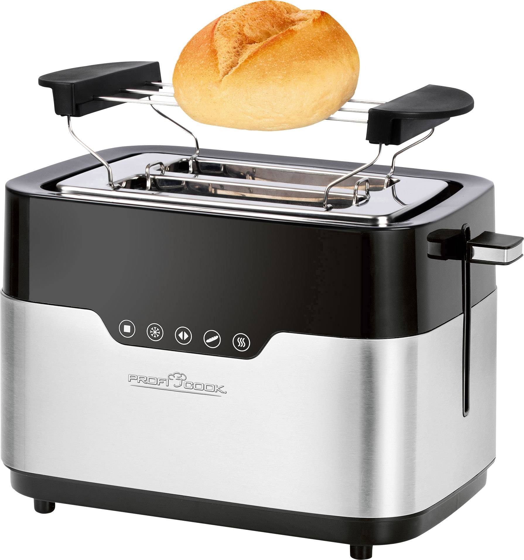 Ein silberner Toaster mit schwarz abgesetzten Elementen toastet ein Brötchen, das auf einem Brötchenaufsatz liegt.