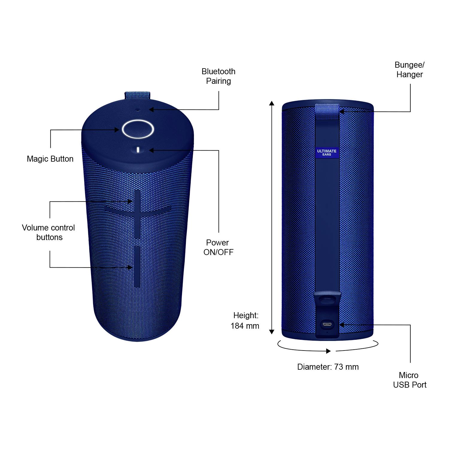 'Kabelloser Lautsprecher in Zylinderform mit Magic Button, Lautstärkeregelung und Power ON/OFF. Höhe: 184 mm, Durchmesser: 73 mm. Bluetooth und Micro-USB-Anschluss.'