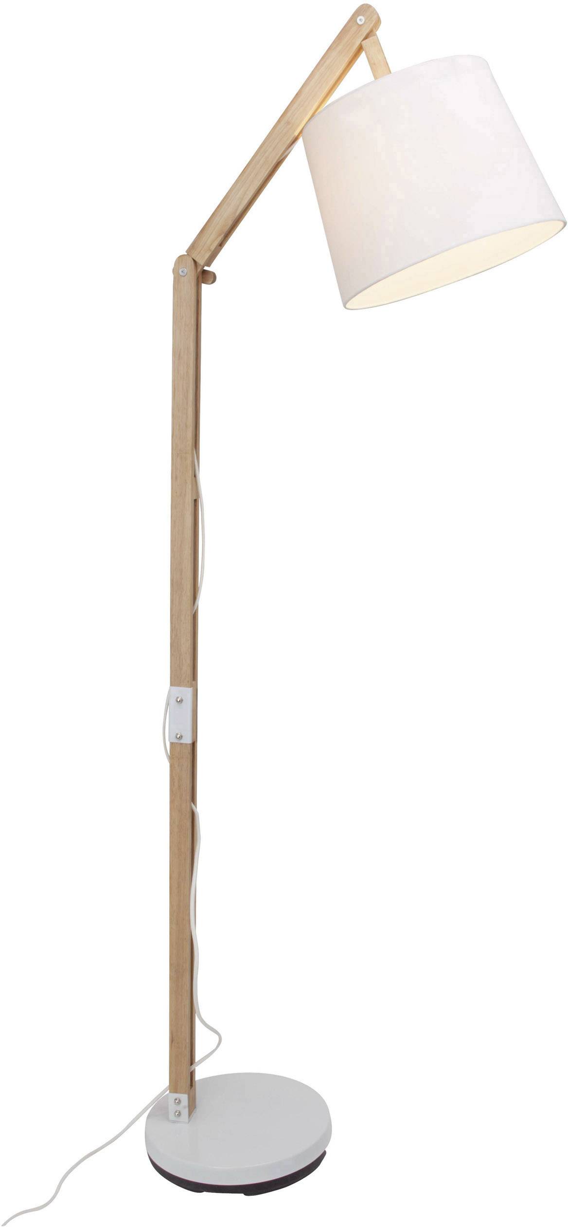 Stehlampe mit hellem Holzrahmen und weißem, schräg gestelltem Lampenschirm, geeignet für Leseecken oder Wohnräume.
