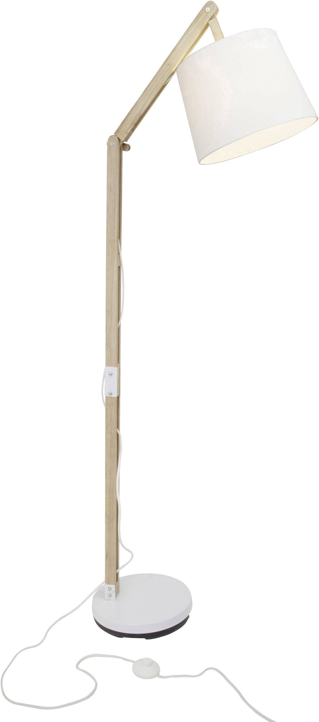 Stehleuchte mit hölzernem Ständer und weißem Lampenschirm, Kabel mit Schalter am Boden platziert.