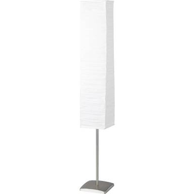 Eine moderne, hohe Stehlampe mit rechteckigem, weißem Lampenschirm und silbernem Metallfuß. Geeignet für minimalistische Raumgestaltung.