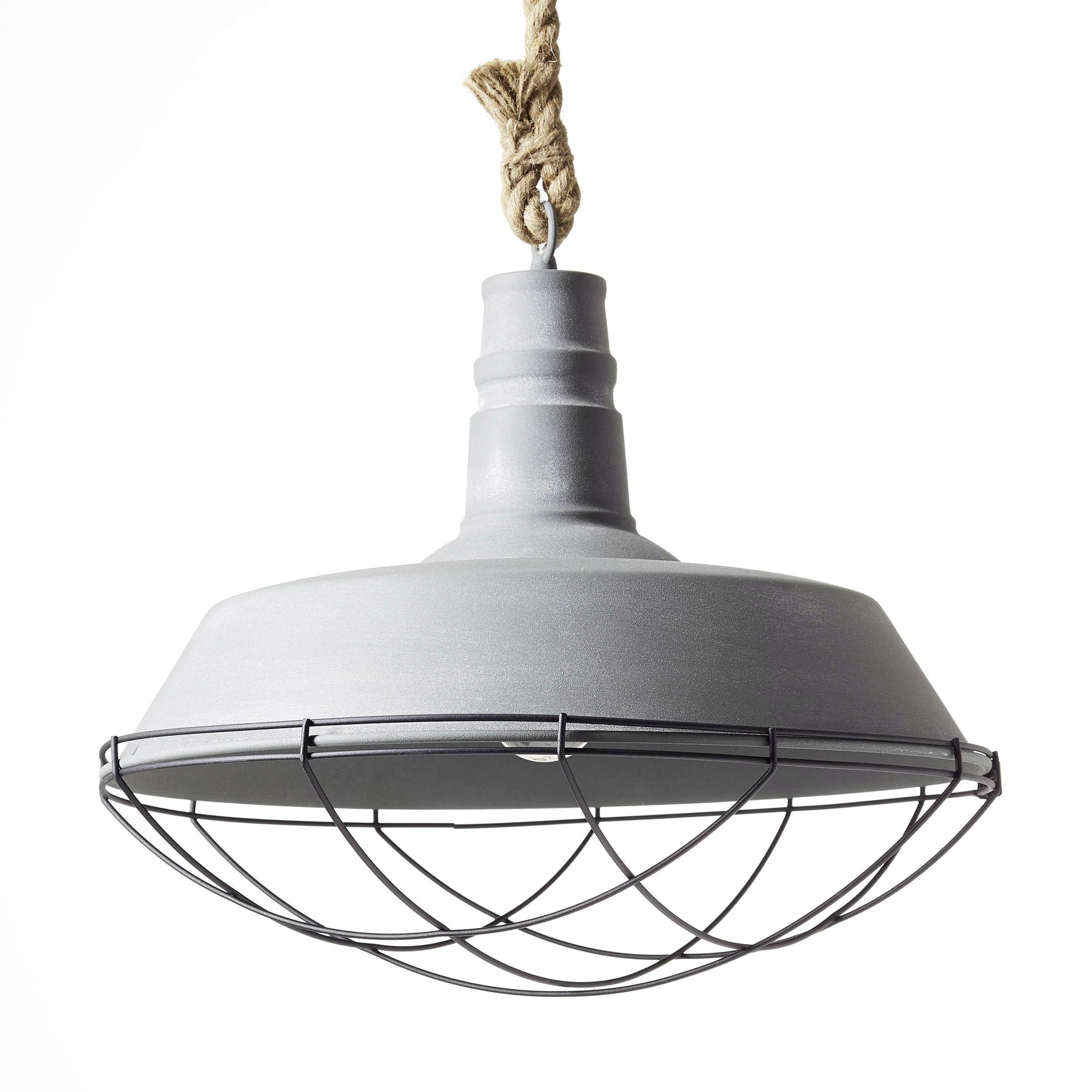 Graue Metall-Hängelampe mit Seilaufhängung und Drahtkäfig-Design im Industriestil.