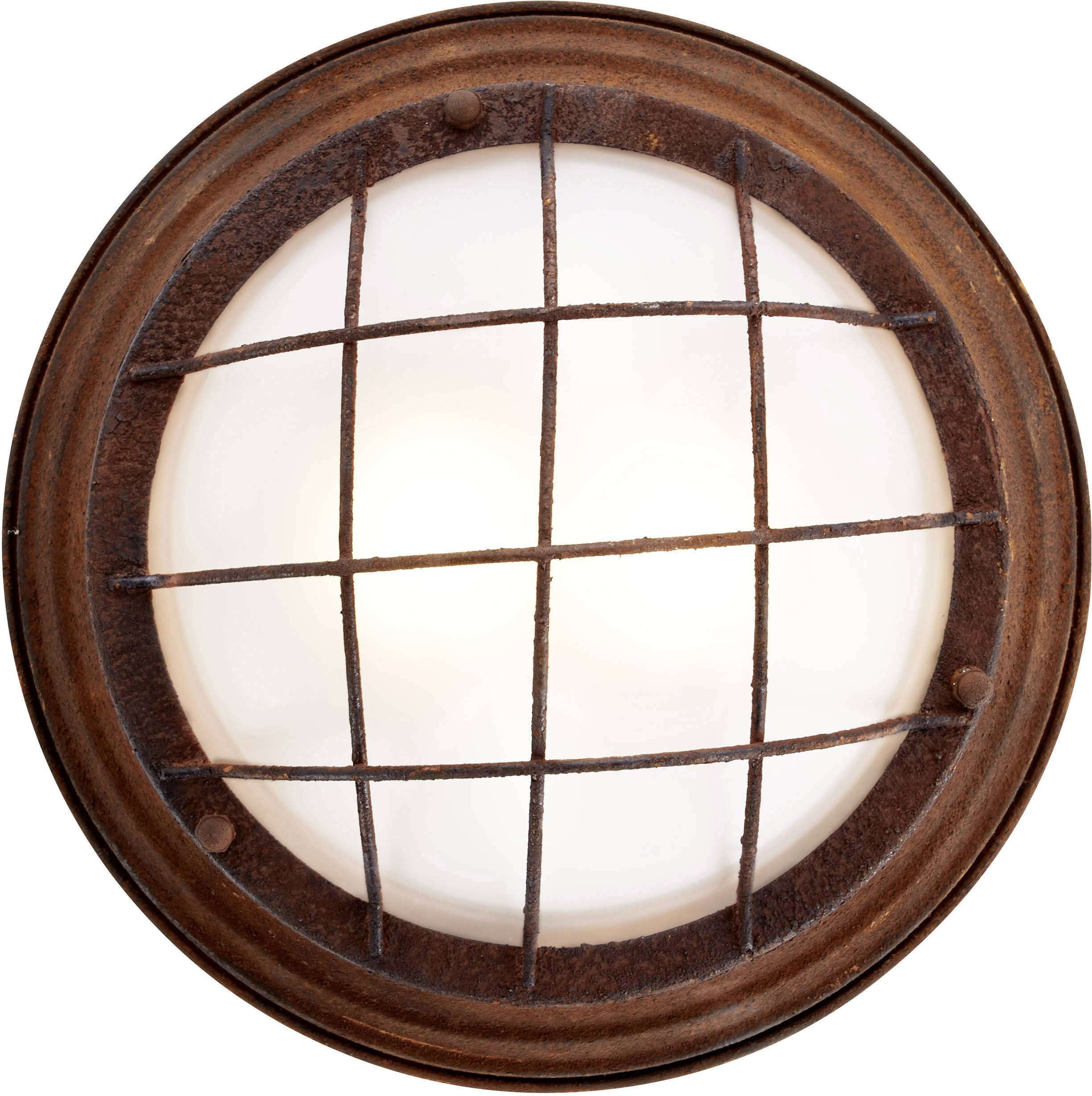 Runde, antikbraune Wandlampe mit Gitterdesign. Sie strahlt warmes, weiches Licht aus und erinnert an industrielle oder maritime Stile.
