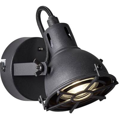 Schwarze, industrielle Wandlampe mit sichtbarer Leuchtquelle und schwenkbarem Kopf, montiert auf rundem Sockel.