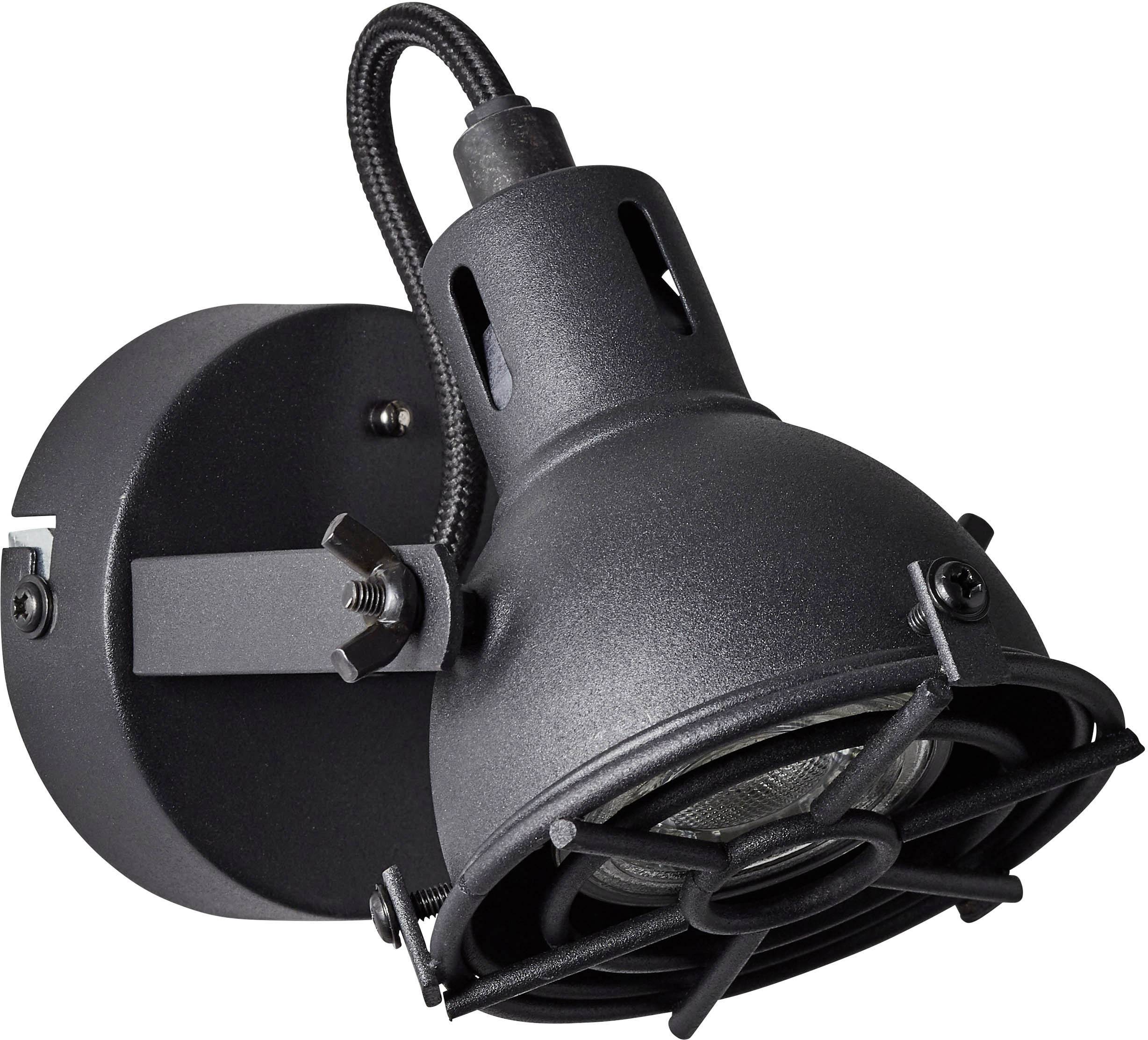 Schwarze Wandlampe mit industriellem Design, nach unten gerichtet, mit Gitterabdeckung und verstellbarem Gelenkarm.