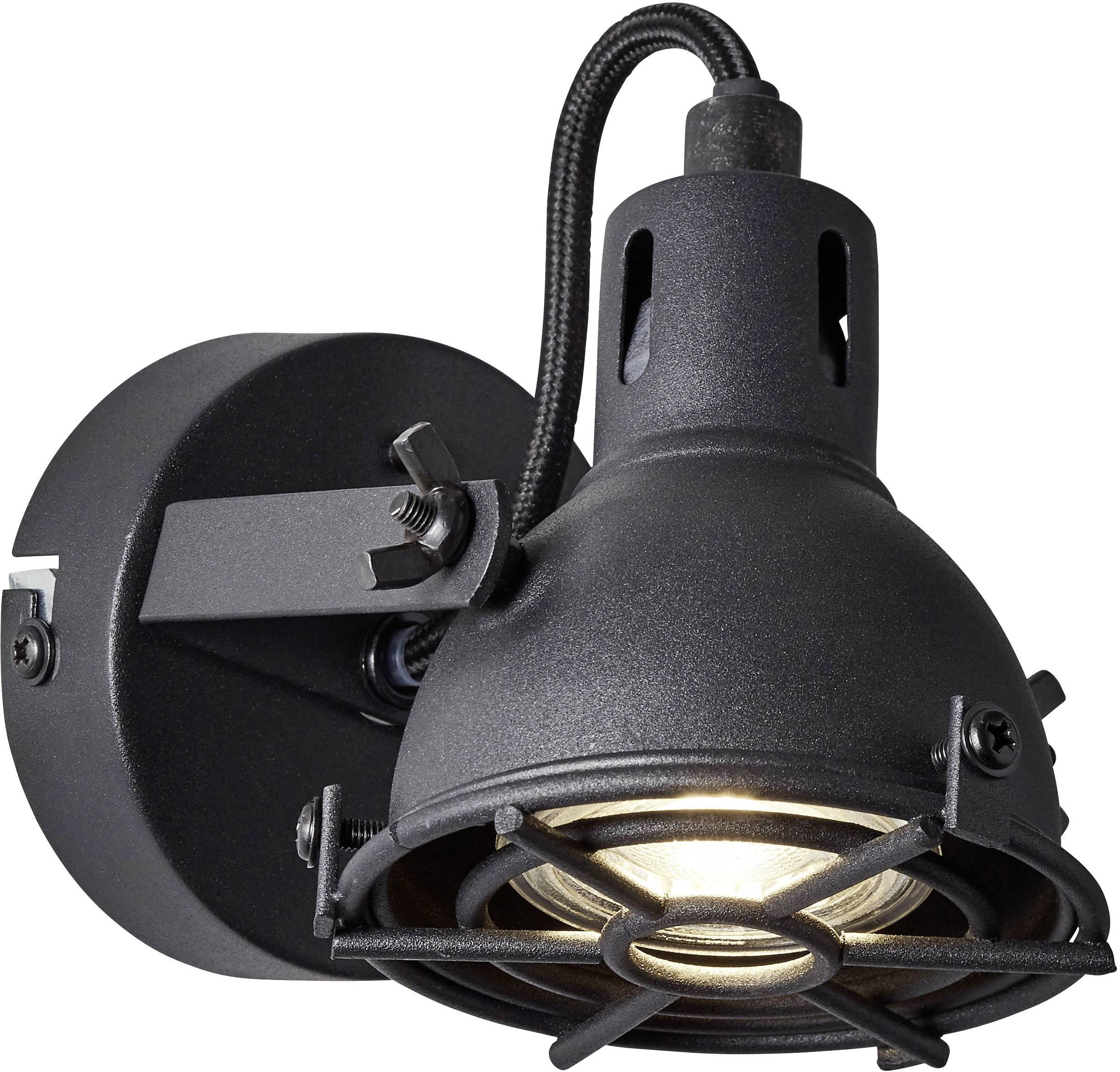 Eine schwarze Wandlampe mit industriellem Design und Schutzgitter über dem Leuchtmittel. Sie wirkt robust und funktional.