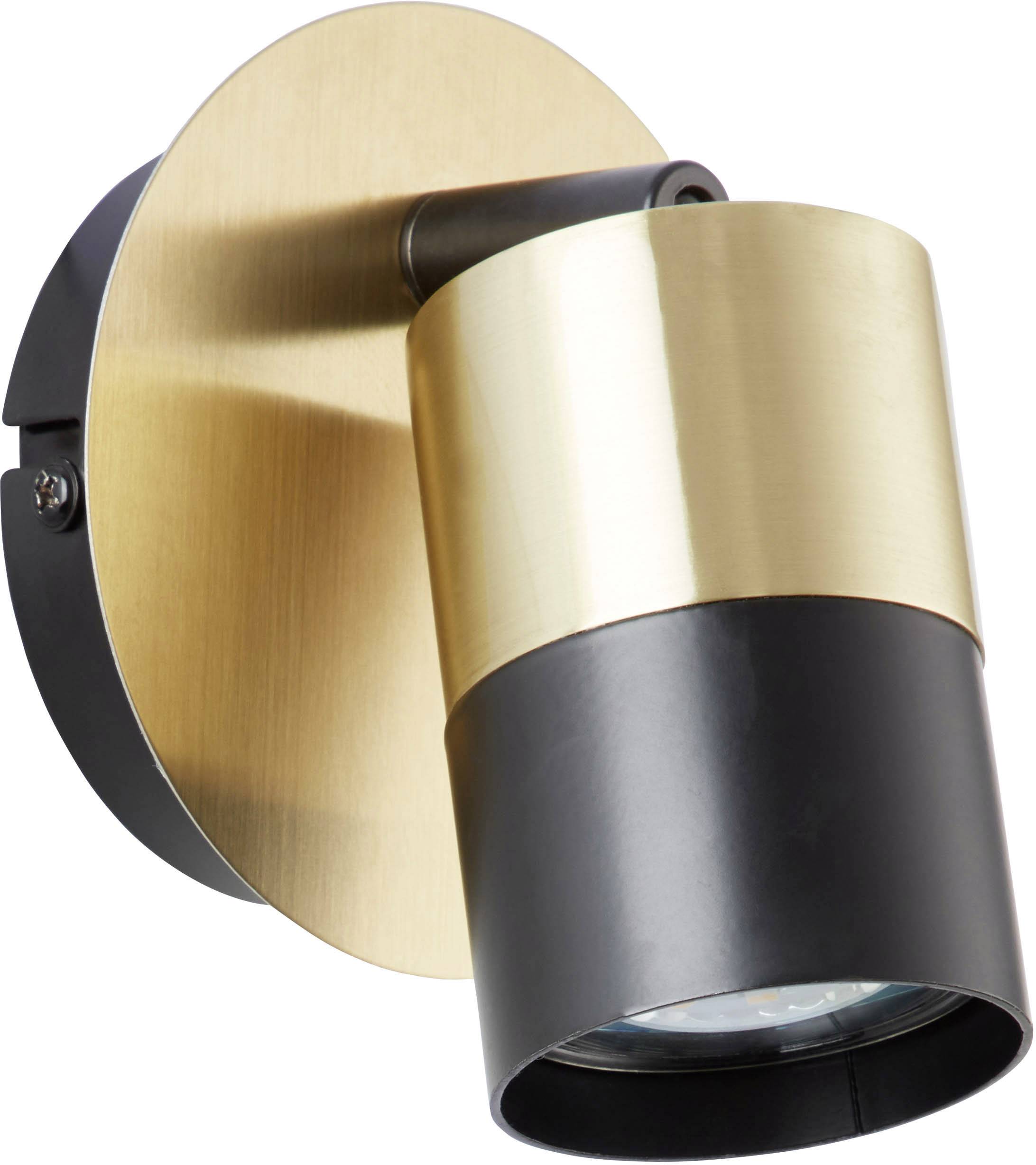 Eine moderne Wandleuchte aus goldfarbenem Metall und schwarzem Gehäuse, geeignet zur stilvollen Beleuchtung von Innenräumen.
