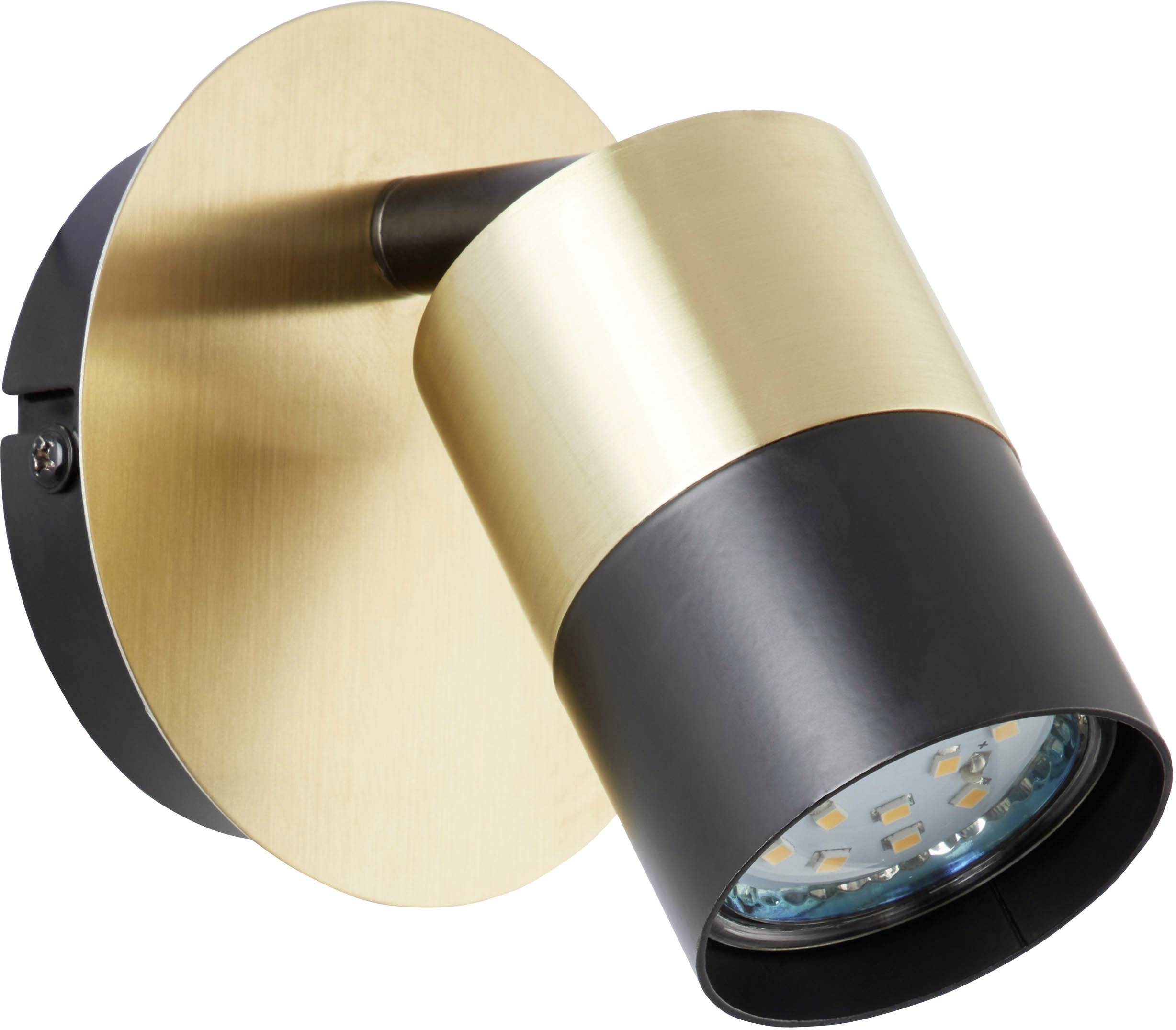 Schwarze und goldene Wandlampe mit modernem Design, zeigt LED-Lichtdetails im Inneren des zylindrischen Lampenschirms.