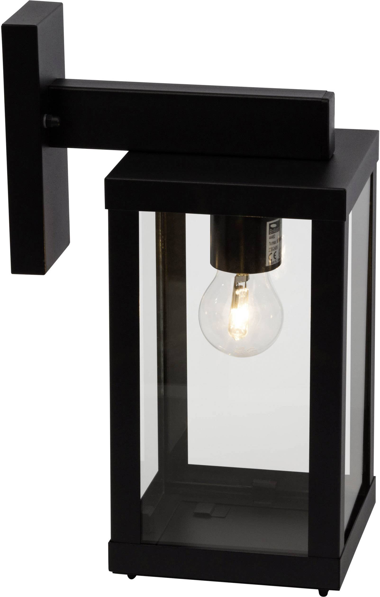 Außenwandleuchte aus schwarzem Metall und Glas, mit sichtbarer Glühbirne im Inneren, an einer Wand befestigt. Ideal für Außenbereiche.