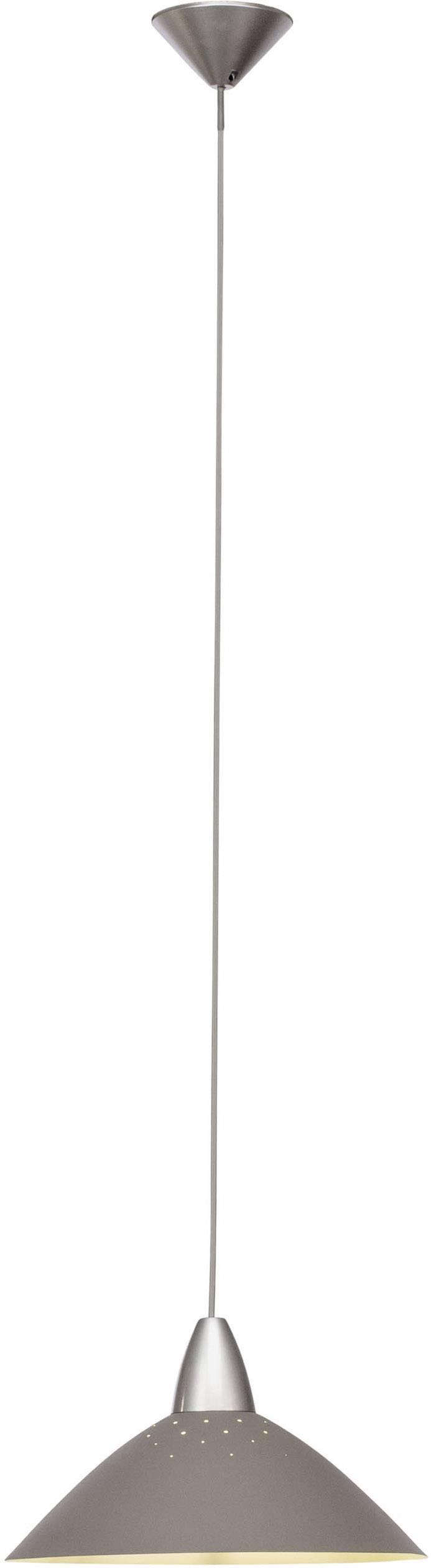 Eine moderne Hängelampe mit silbernem Schirm und langem Kabel, geeignet für zeitgenössische Innenräume.