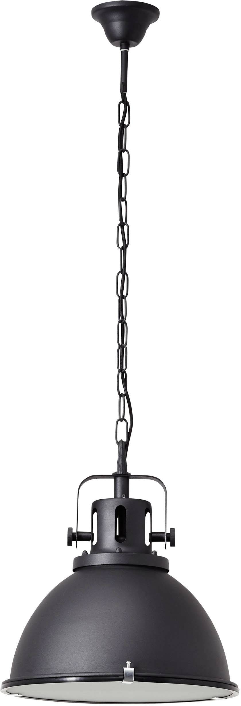 Schwarze Hängelampe im industriellen Design, mit Kettenaufhängung und Metallkorpus, passend für moderne Wohnräume.