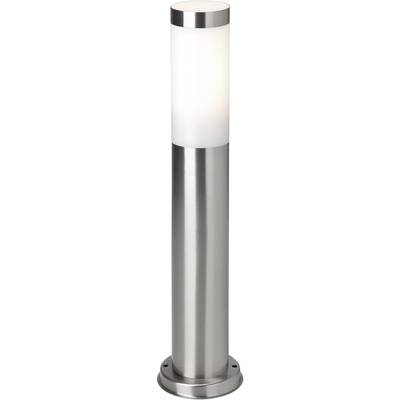 Eine moderne, zylindrische Außenlampe aus Edelstahl mit weißem Leuchtkörper, geeignet für Garten- oder Hofbeleuchtung.