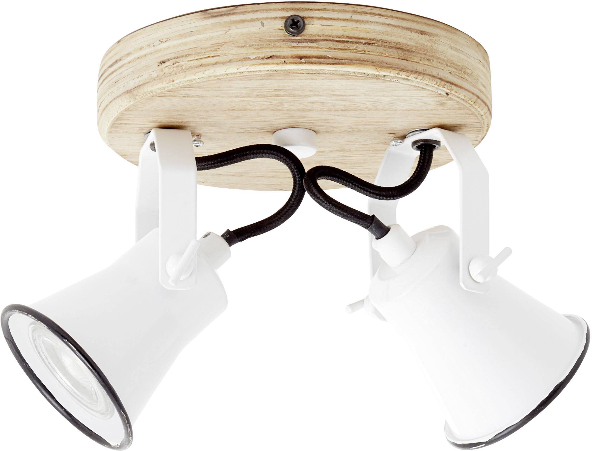 Zwei weiße Wandstrahler mit schwarzem Kabel, montiert auf einem runden Holzsockel.