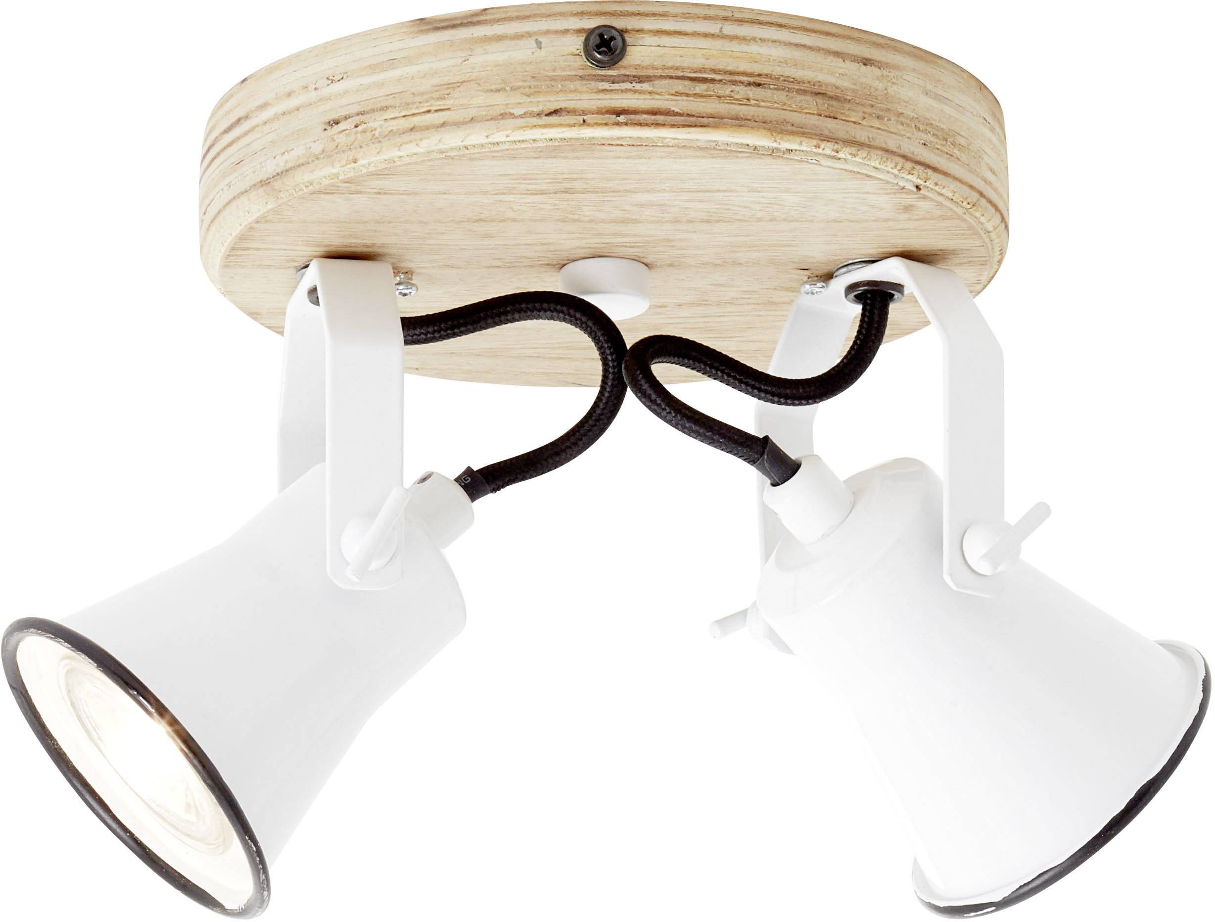 Zwei weiße Deckenstrahler mit Holzverkleidung und flexiblen Armen, befestigt an einer runden, hölzernen Halterung.