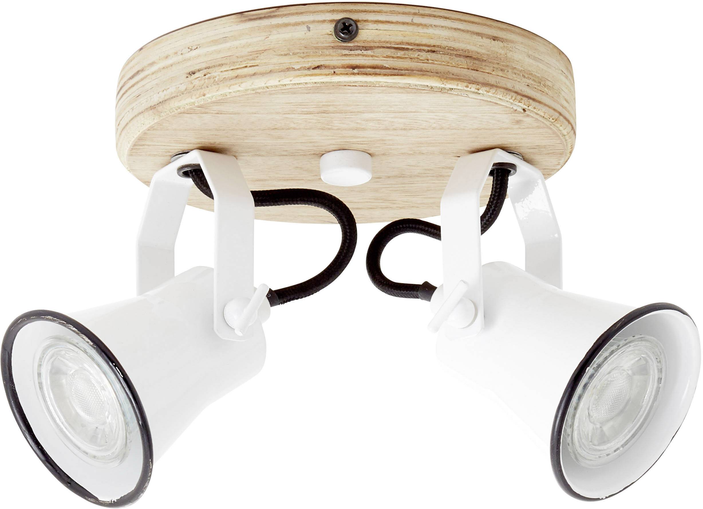 Zwei weiße Deckenstrahler mit einem runden Holzsockel; modernes Design, geeignet für Innenraumbeleuchtung.