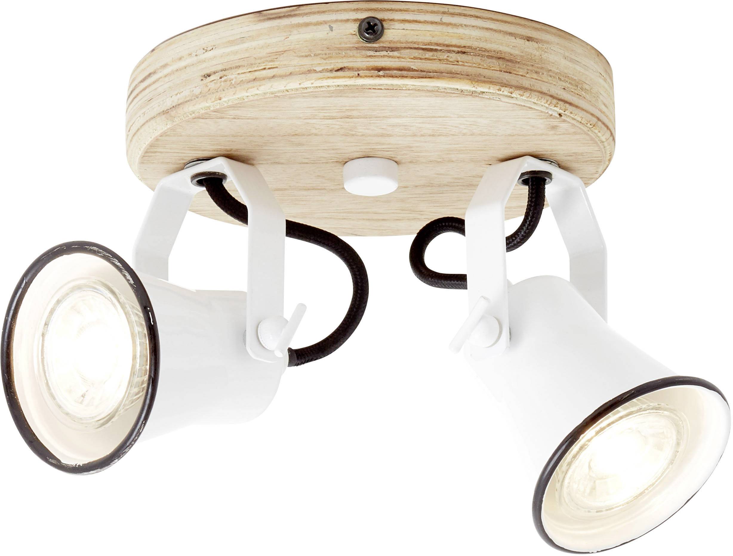 Zwei weiße Deckenstrahler auf einer runden Holzfassung. Sie sind verstellbar und dienen zur Beleuchtung in Innenräumen.