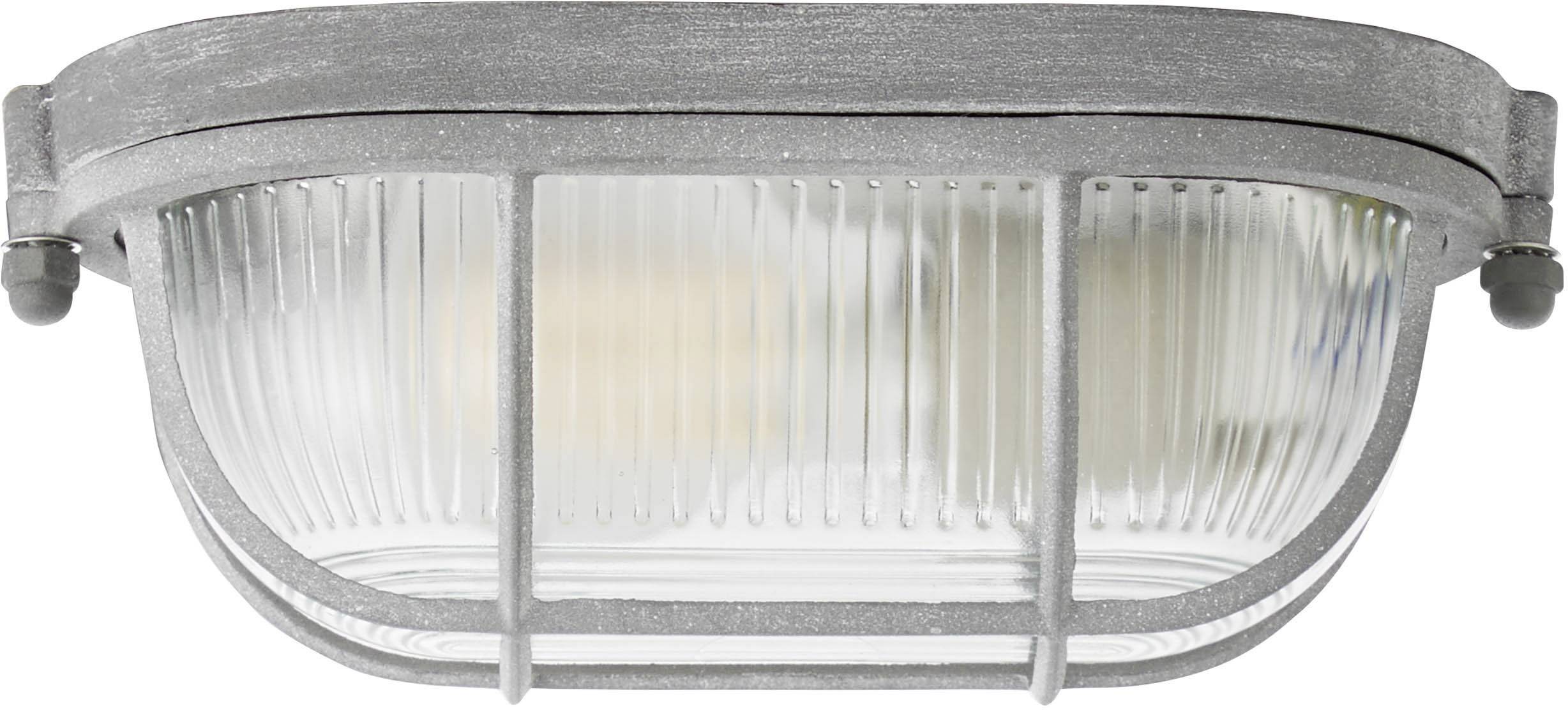 Eine ovale graue Wandleuchte mit geripptem Glas. Sie hat eine industrielle Optik und ist für den Außenbereich geeignet.