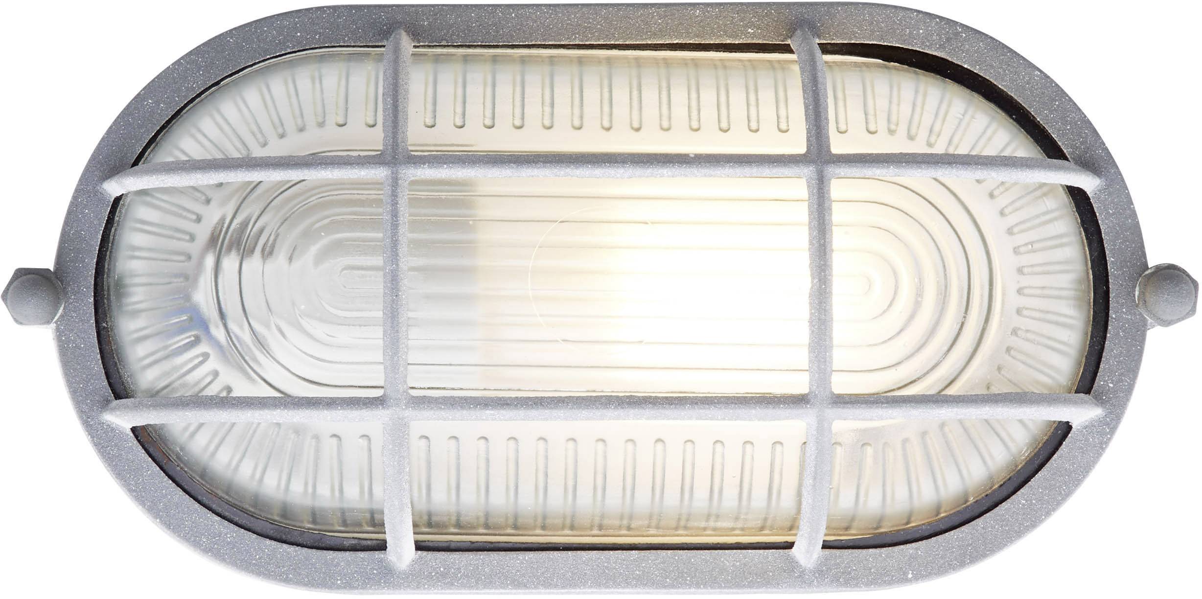 Ovale Wandlampe mit Metallgitter und strukturiertem Glas, beleuchtet. Geeignet für industrielle oder maritime Dekoration.
