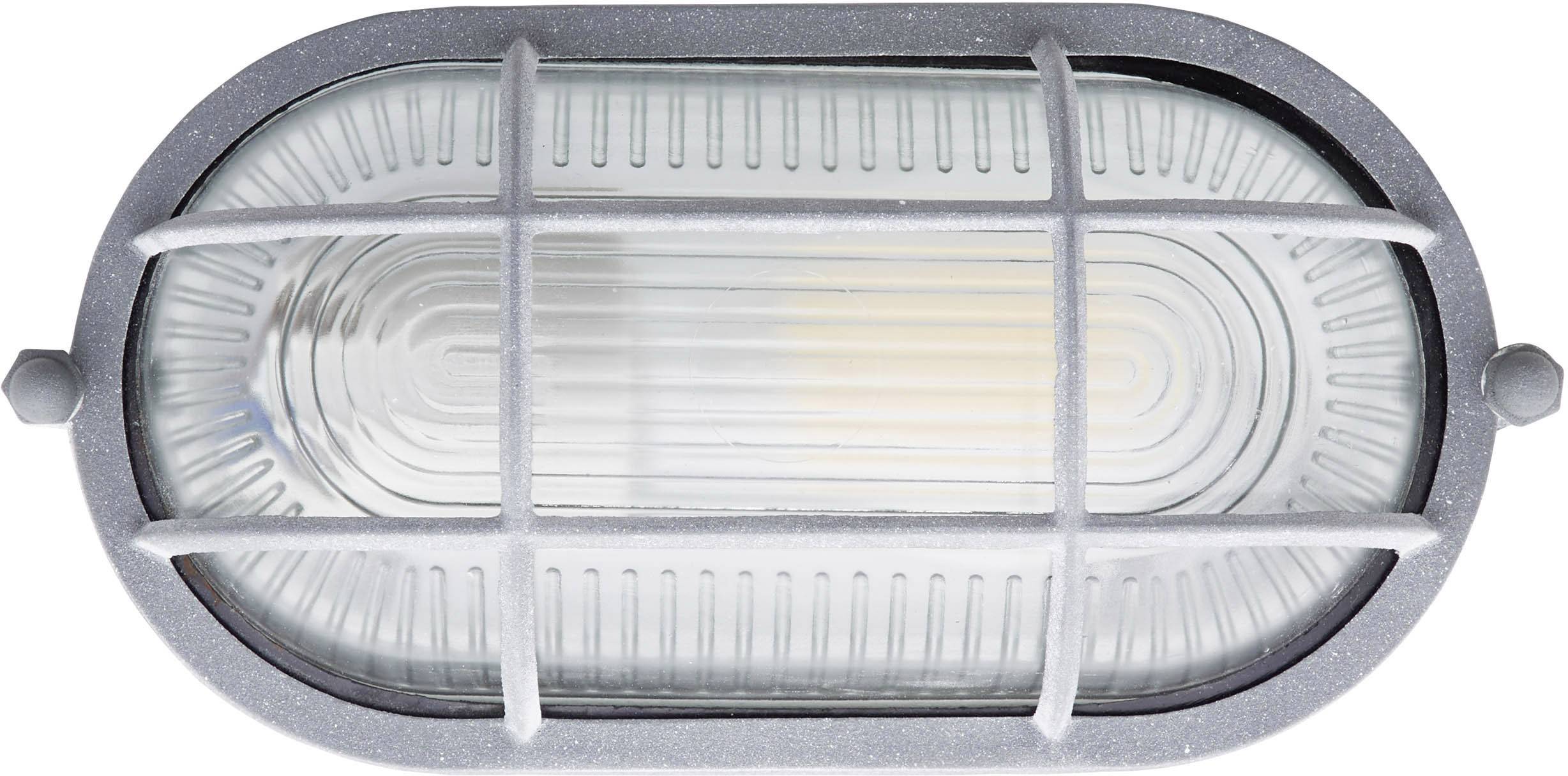 Lampe in ovalem Gehäuse mit Metallgitter.