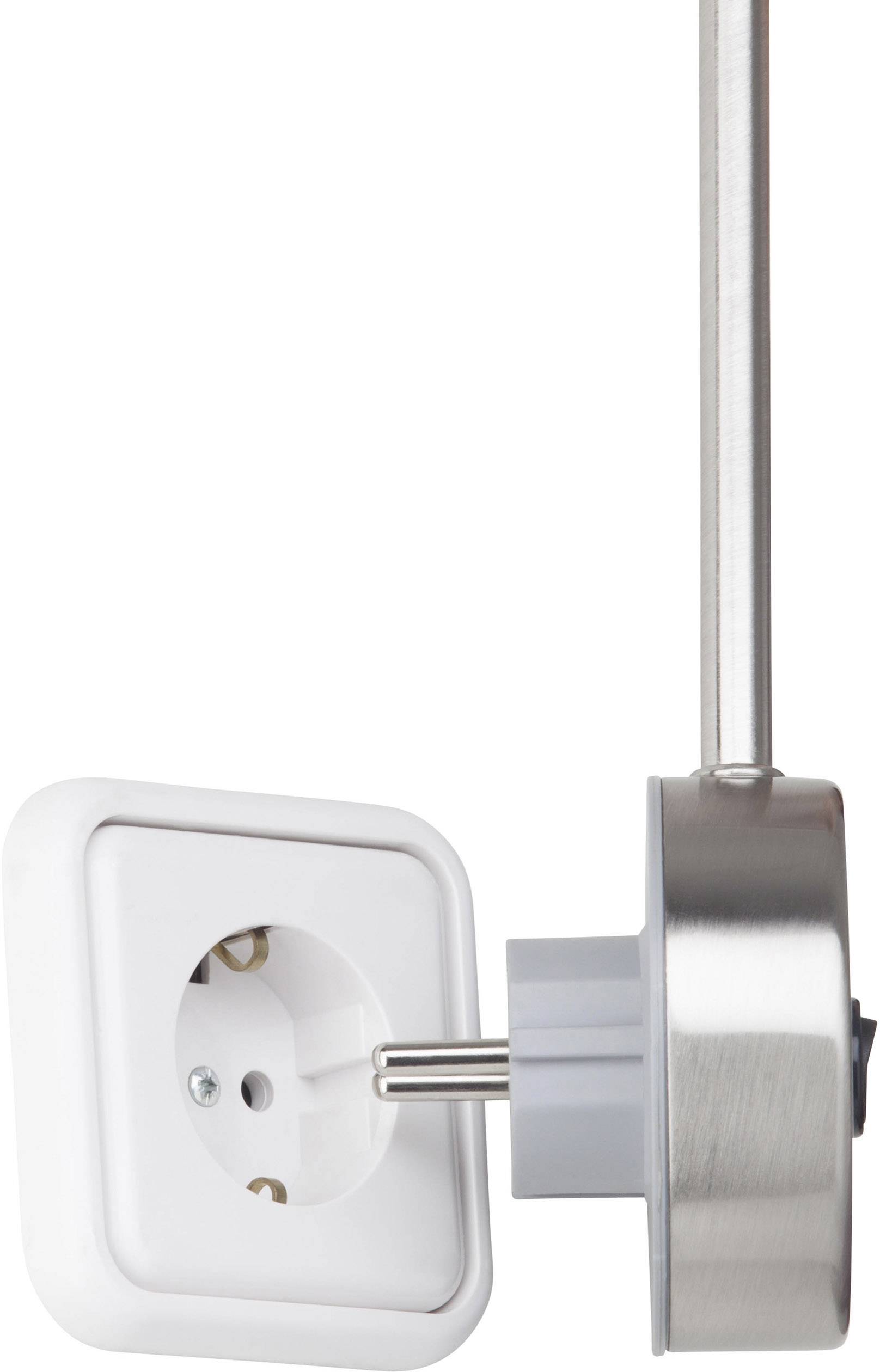 Nahaufnahme einer Steckdose mit einem Stecker, der an einem metallischen Arm befestigt ist. Ideal für Küchen- oder Werkstattbeleuchtung.