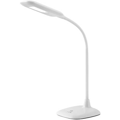 Weiße, moderne LED-Schreibtischlampe mit flexiblem Hals auf weißem Hintergrund.
