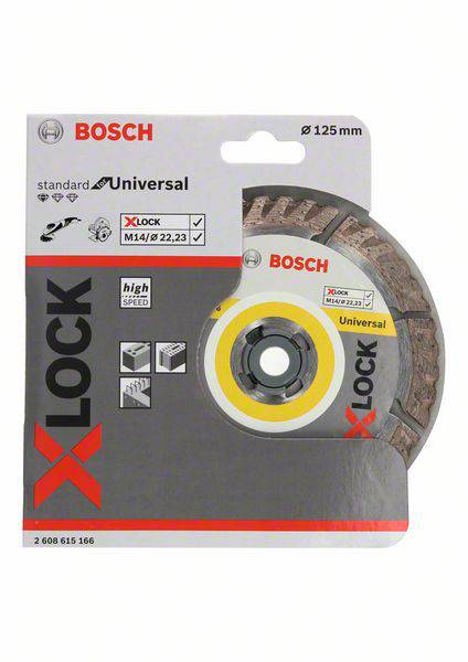 Ein Bosch X-Lock Diamantschneideblatt, 125 mm, für 'Universal' Anwendungen. Verpackung zeigt Symbole für Hochgeschwindigkeit und Sicherheit.