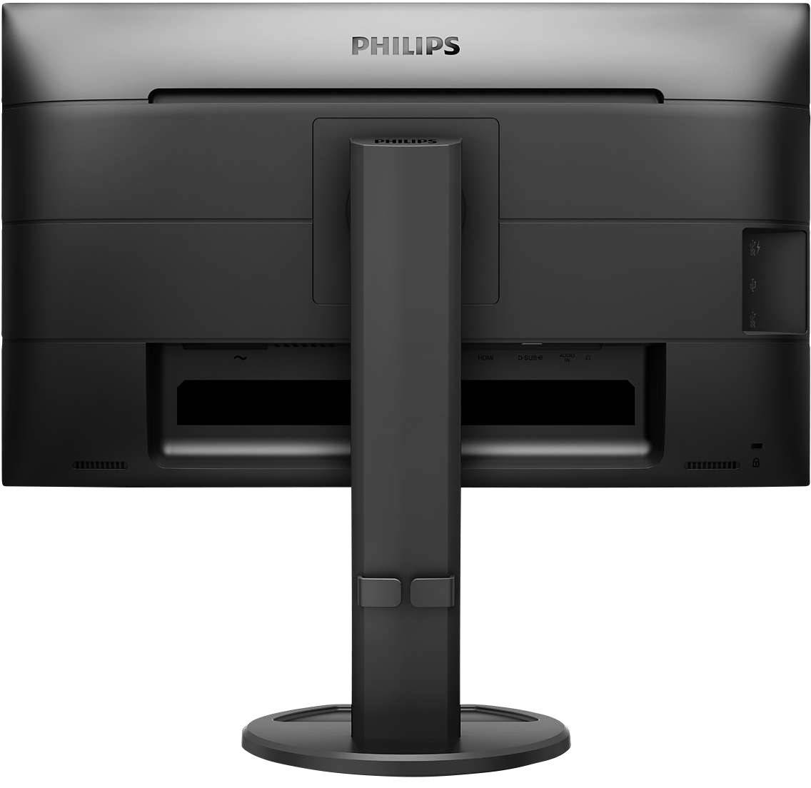 Rückansicht eines schwarzen Philips-Monitors auf einem Standfuß, der Bildschirm ist ausgeschaltet.