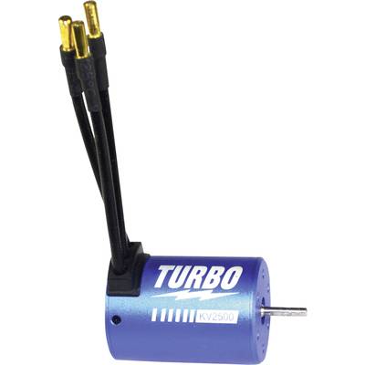 Blauer Elektromotor mit der Aufschrift 'TURBO' und 'KV2500', drei schwarze Kabel mit goldenen Steckverbinder ragen heraus.