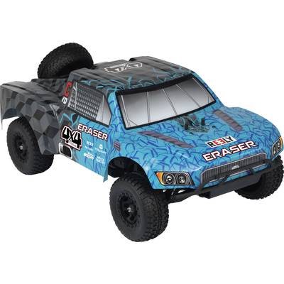Spielzeug-Rennwagen im Offroad-Stil, blau mit schwarzen Reifen und Aufschriften '4X4' und 'Eraser' auf der Seite.