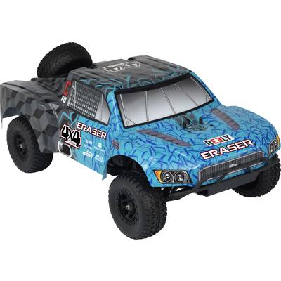 Ein ferngesteuertes Spielzeugauto mit blauer Karosserie und schwarzen Rädern. Aufschrift: 'Eraser' und '4x4'.