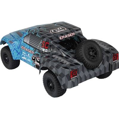 Blau-schwarzes ferngesteuertes Offroad-Auto mit der Aufschrift 'ERASER' und Ersatzrad hinten, designed für robuste Fahrten.