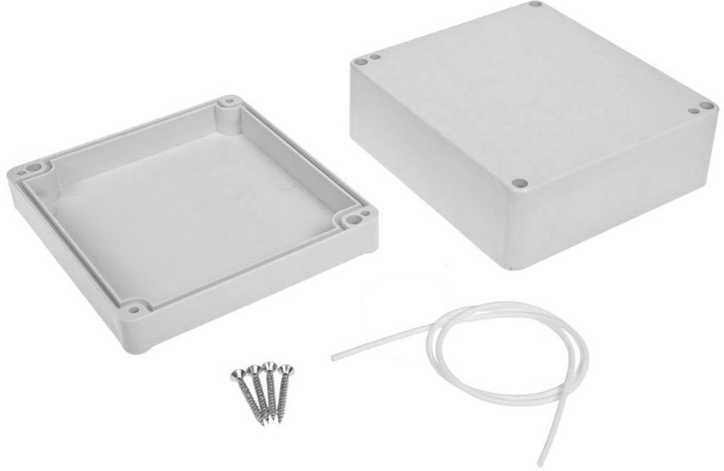 Ein rechteckiges, graues Gehäuse mit abnehmbarem Deckel, vier Schrauben und einem transparenten Kabel, geeignet für elektronische Komponenten.