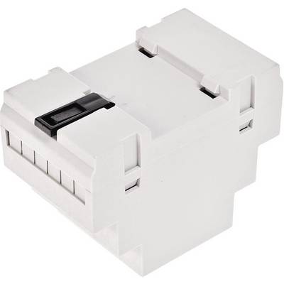Ein weißes, rechteckiges elektronisches Gerät mit einem schwarzen Schalter auf der Oberseite, das für Montageschienen geeignet ist.
