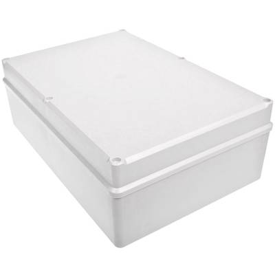 Weiße, rechteckige Kunststoffbox mit glattem Deckel, möglicherweise für elektrische Komponenten oder zur allgemeinen Aufbewahrung.