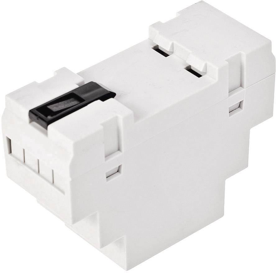 Ein weißes, rechteckiges Kunststoffgehäuse mit einem schwarzen Schalter, geeignet für Elektroinstallationen auf einer DIN-Schiene.