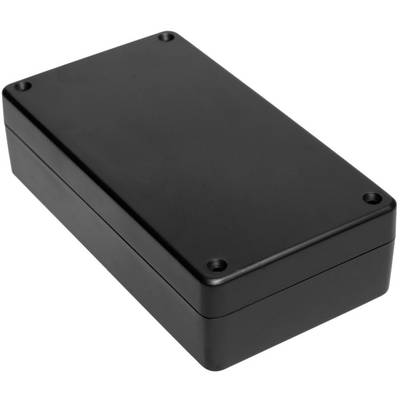Schwarzes, rechteckiges Gehäuse mit abgerundeten Ecken, aus Kunststoff. Geeignet zur Aufbewahrung oder zum Schutz elektronischer Bauteile.