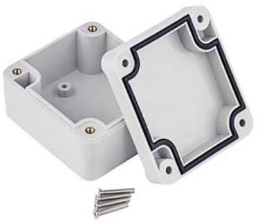 Kleines quadratisches graues Gehäuse mit abnehmbarem Deckel und vier Schrauben, geeignet für Elektronik-Projekte.