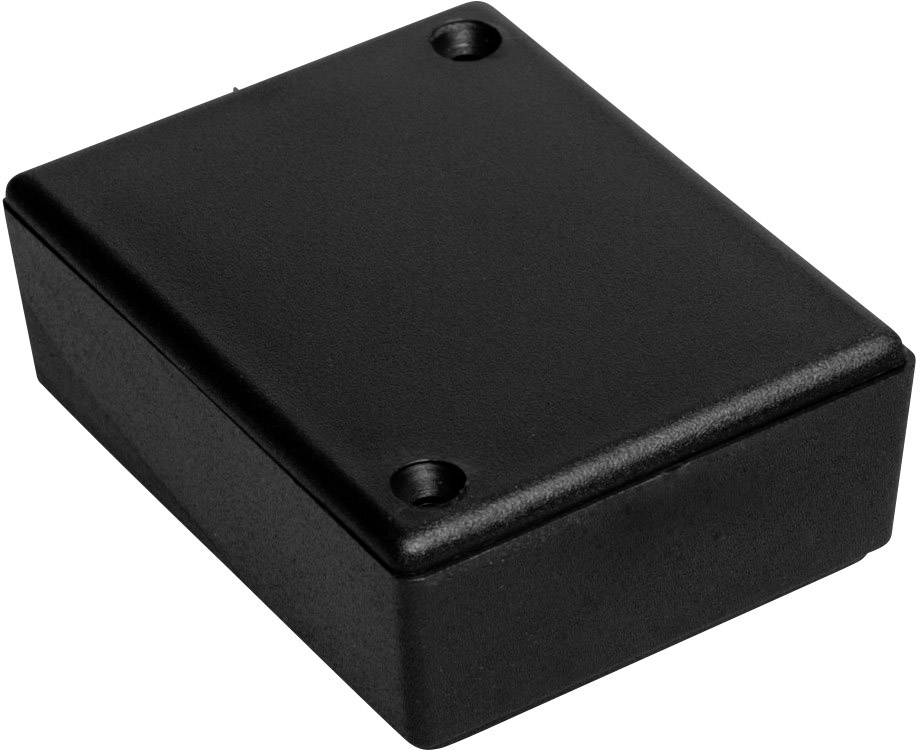 Schwarzes, rechteckiges Kunststoffgehäuse mit zwei Schraubenlöchern, geeignet für elektronische Projekte oder als Schutzgehäuse.