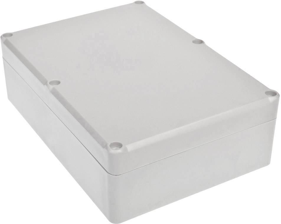 Rechteckiges graues Kunststoffgehäuse mit abgerundeten Ecken und Schraublöchern an den Ecken.