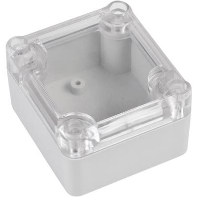 Eine transparente Kunststoffbox mit abnehmbaren Deckel und vier Schraubpunkten. Geeignet zum Schutz kleiner elektrischer Komponenten.
