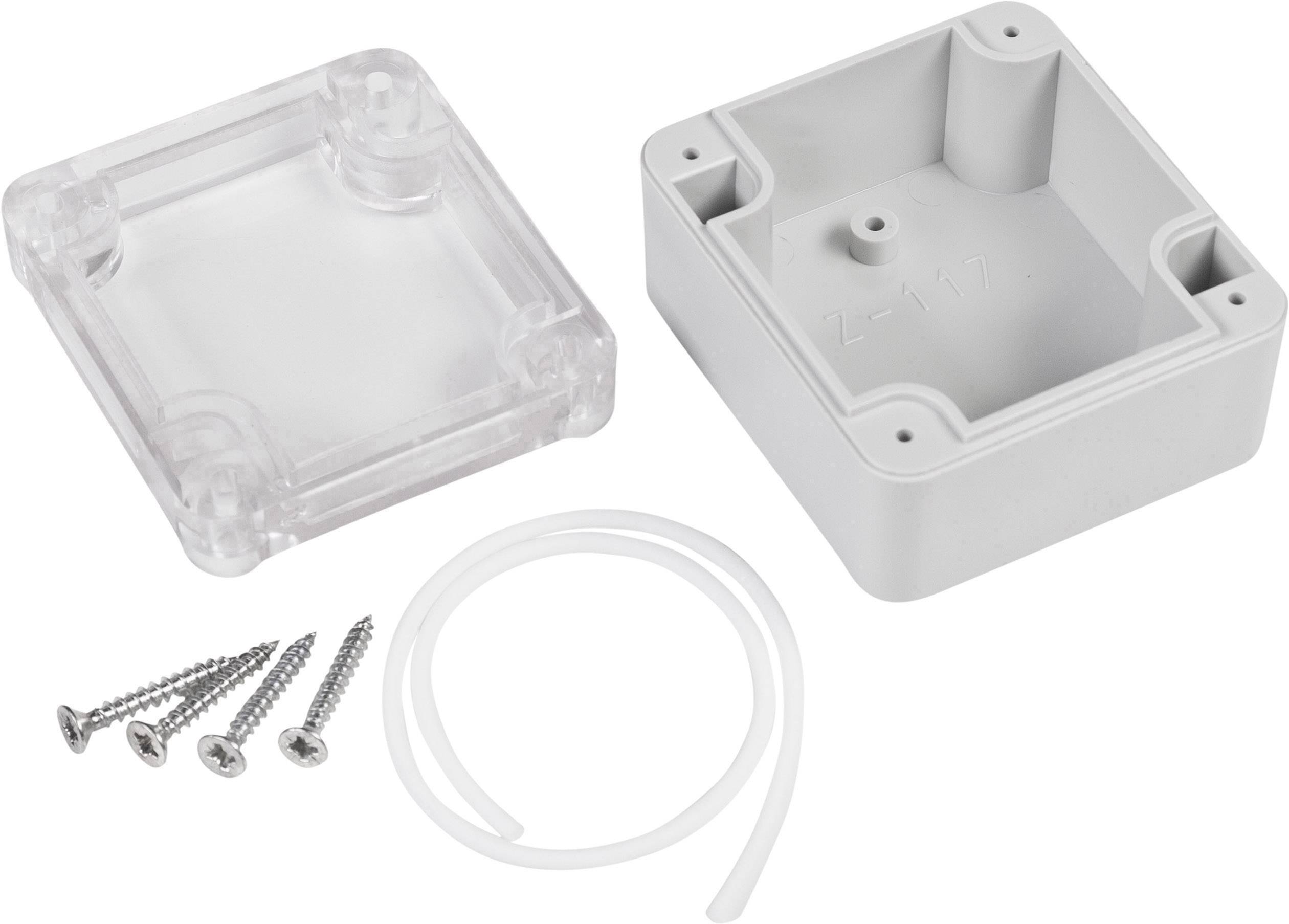 Gehäuse bestehend aus transparenter Abdeckung und grauem Boden, mit vier Schrauben und einem Gummidichtungsring, geeignet für Elektronikmontage.