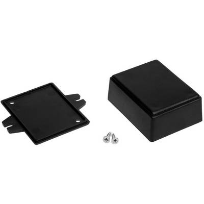 Schwarzes Plastikgehäuse mit abnehmbarem Deckel und zwei dazugehörigen Schrauben, geeignet für elektronische Bauteile.