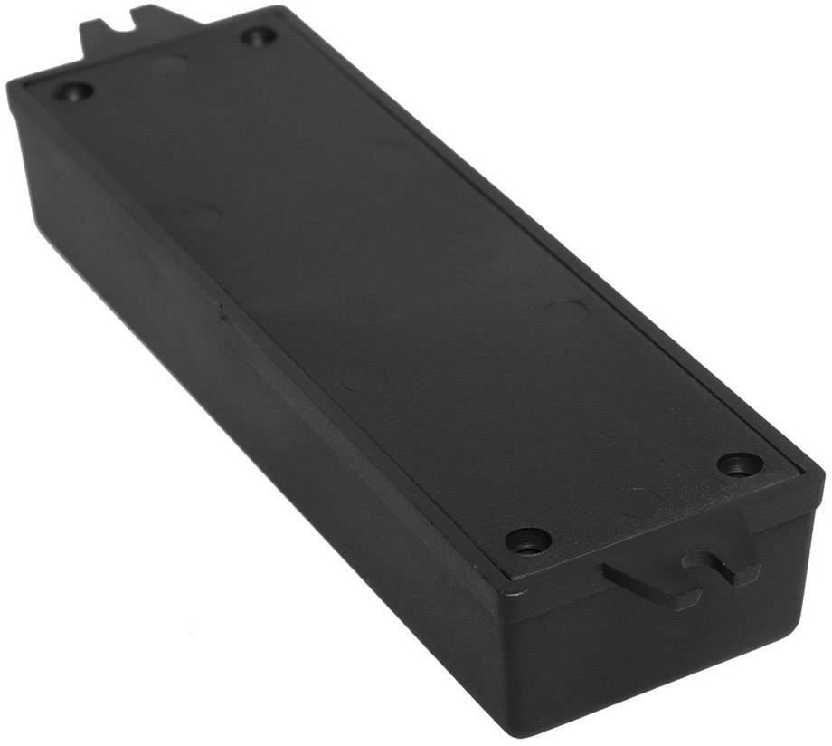 Ein rechteckiger, schwarzer Kunststoffkasten mit abnehmbarer Abdeckung und Hakenöffnung, geeignet für Elektronikzubehör-Aufbewahrung.