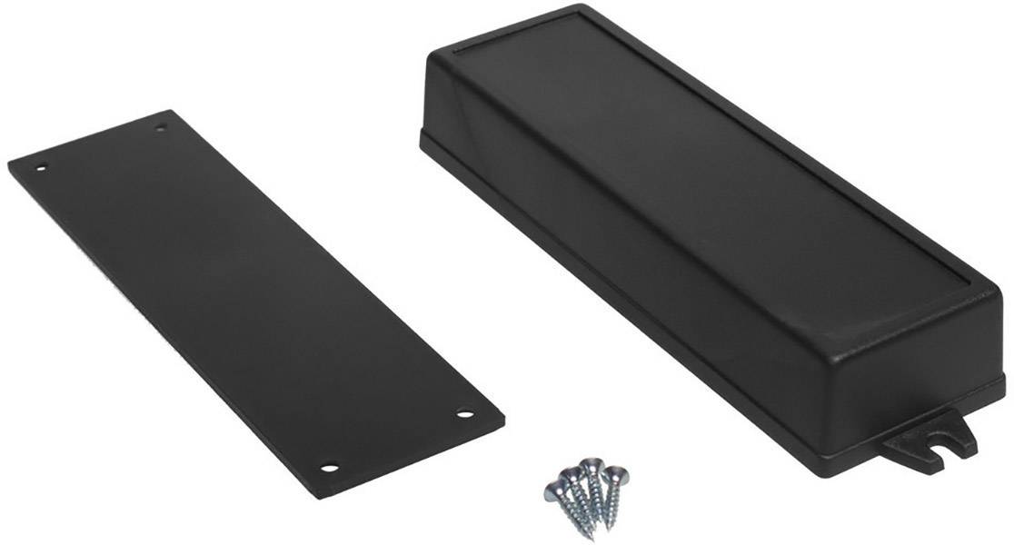 Ein rechteckiges, schwarzes Kunststoffgehäuse mit abnehmbarer Abdeckung und beiliegenden Schrauben für die Montage.