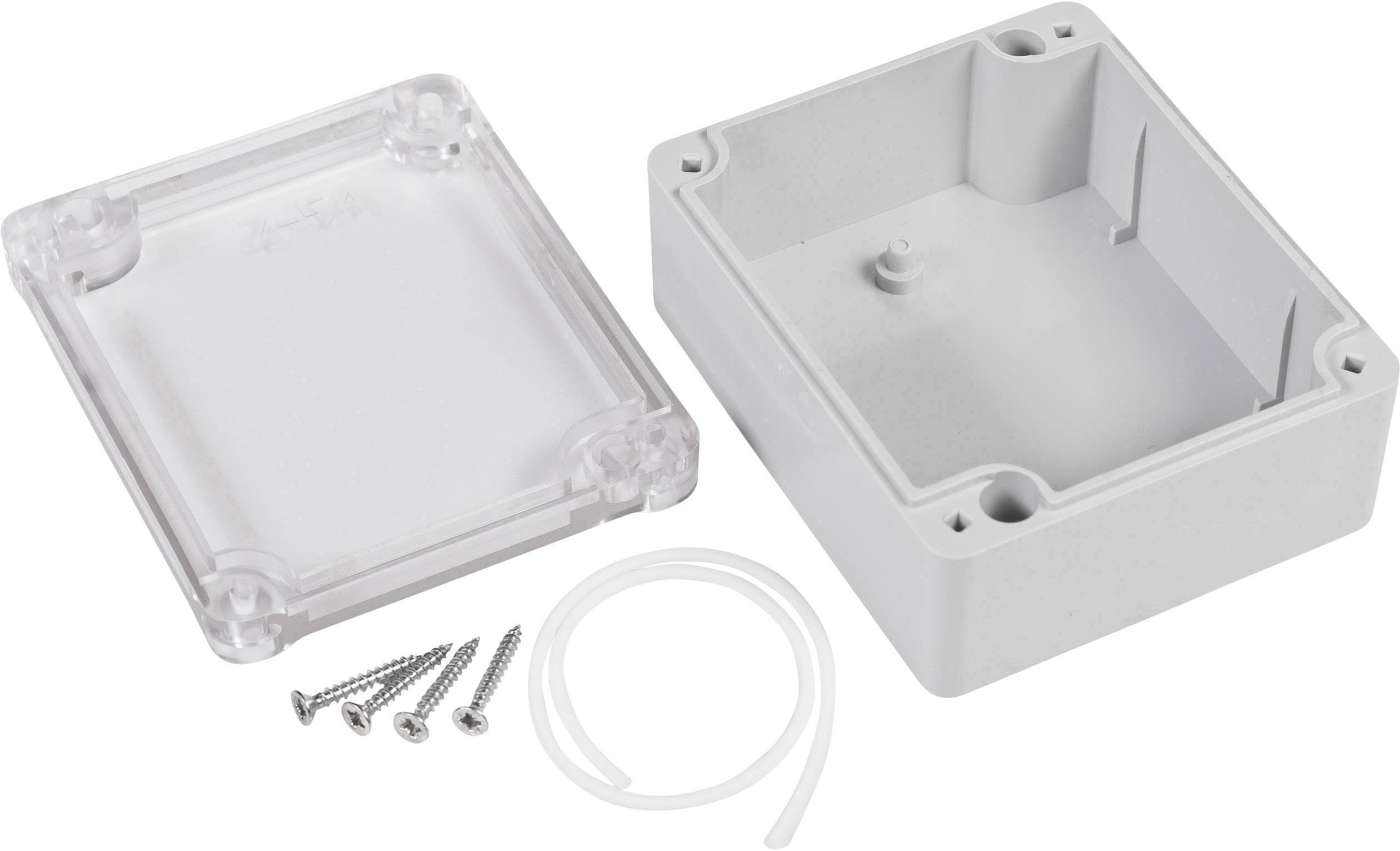 Graues Gehäuse mit transparentem Deckel, vier Schrauben und eine Dichtung, wahrscheinlich für elektronische Komponenten konzipiert.