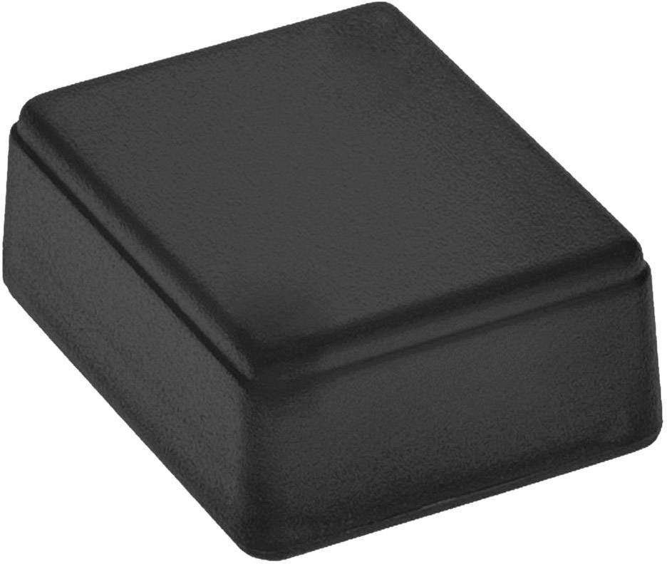 Ein rechteckiger, schwarzer Gegenstand mit abgerundeten Kanten; möglicherweise ein Kunststoffgehäuse oder eine Box.